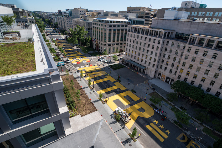 Bird's eye view overlooking Black Lives Matter Plaza