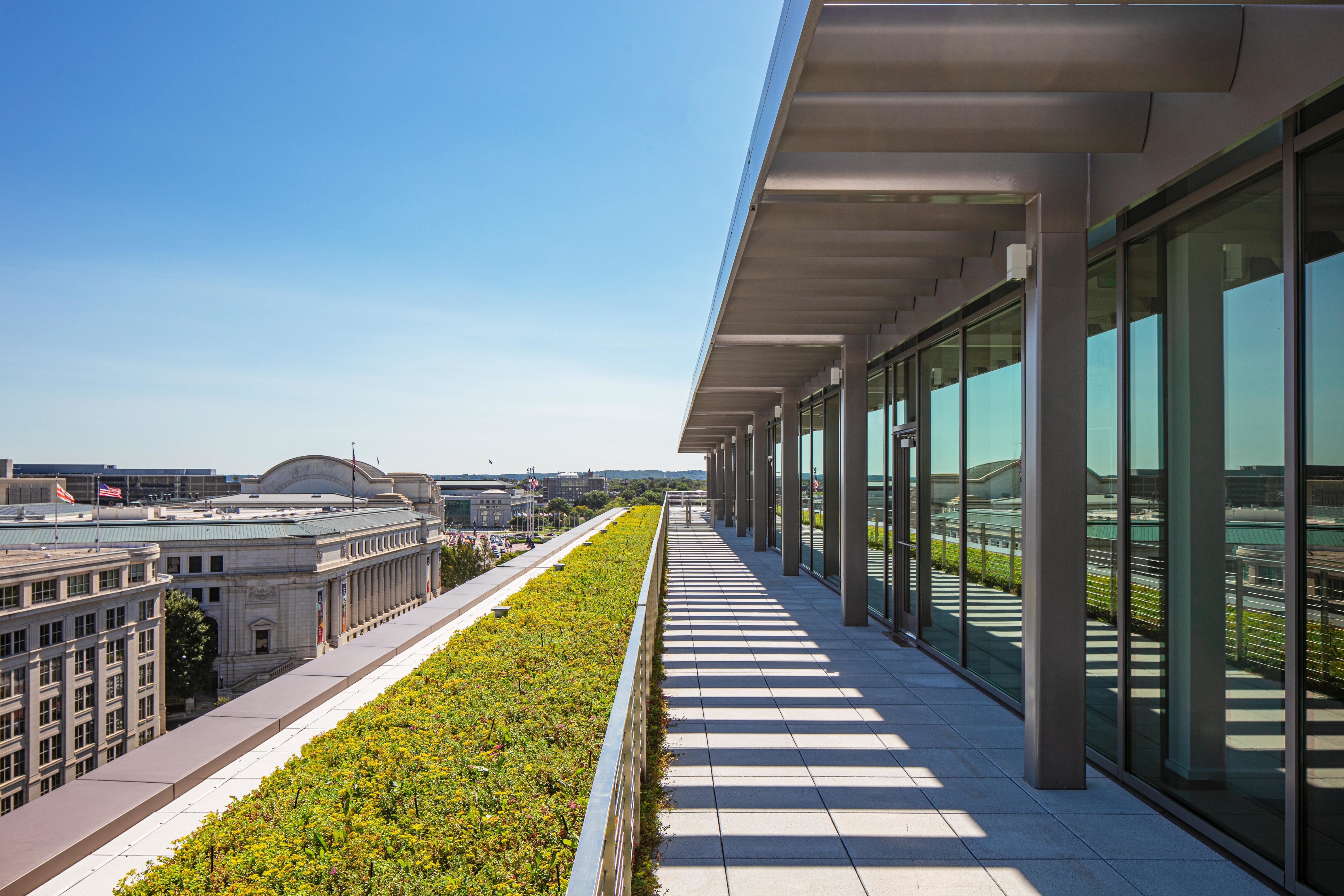 a modern rooftop terrace with green space overlooking the city